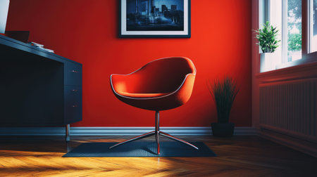 A stylish modern armchair sits on a rug in a vibrant red-walled workspace, enriched by natural light, showcasing a blend of comfort and design elegance.の素材