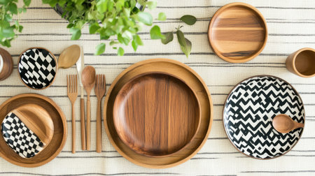 This image showcases an elegant arrangement of wooden tableware complemented by decorative black and white dish designs, set on a natural fiber tablecloth, perfect for a cozy dining atmosphere.の素材