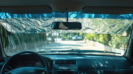 A captivating view from within a parked car showcasing a reflective windshield sun shade. Sunlight shines through, creating a vibrant atmosphere in an urban setting.の素材