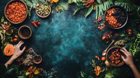 A beautifully arranged flat lay showcasing vibrant tropical ingredients surrounded by lush greenery, perfect for culinary inspiration and food artistry.の素材