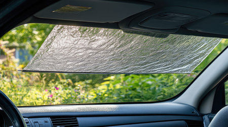 A car interior showcasing a sunshade that blocks sunlight on a bright day. The background displays vibrant greenery, enhancing the scene of outdoor travel and protection.の素材