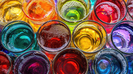 A stunning array of colorful beverages in clear glasses, filled with bubbles and showcasing a lively, vibrant palette ideal for festive occasions.の素材