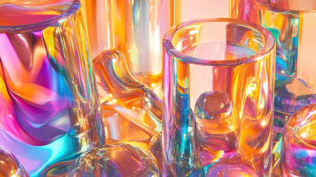 This vibrant still life composition showcases colorful glass objects reflecting and refracting light, creating an abstract and artistic atmosphere.の素材