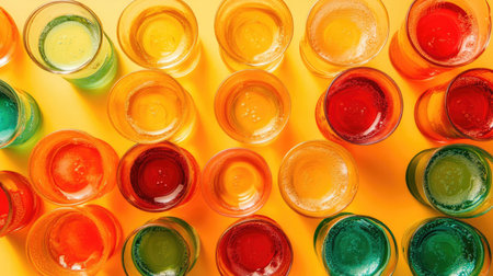 A vibrant assortment of refreshing beverages in glasses showcases a cheerful and energetic feel. The colorful arrangement on a bright background evokes summer fun and celebration.の素材