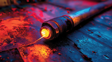 An industrial pipe glows with a red light and sparks on a dark wooden surface, creating a dramatic and artistic atmosphere ideal for workshops and machinery themes.の素材