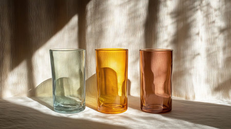 Three elegant glasses in varying colors stand on a soft fabric surface, illuminated by natural sunlight, creating beautiful shadows and reflections.の素材