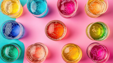 A stunning overhead view of vibrant colorful drinks in glasses, featuring bubbles and textures, perfect for party themes, celebrations, and summer gatherings.の素材