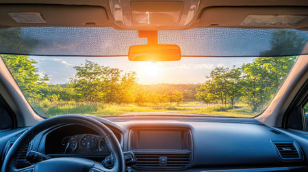 This image captures a beautiful sunrise from the perspective of a car interior, showcasing lush greenery and a stunning sky. Experience tranquility through nature.の素材