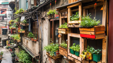 A picturesque urban alleyway showcasing vibrant greenery in rustic wooden planters, adding charm and character to a historic cityscape filled with life.の素材