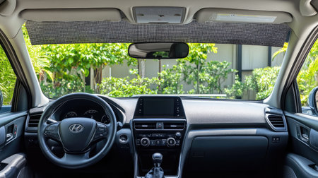 A sleek view of a modern car interior showcasing the dashboard, steering wheel, and controls, surrounded by vibrant greenery outside the window.の素材