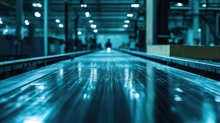 A captivating view of an industrial manufacturing environment featuring a shiny production line. A worker is blurred in the background, highlighting the active factory setting.の素材