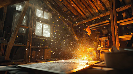 An evocative scene capturing the artistry of blacksmithing in a rustic workshop, highlighting sparks flying from the forge and warm light filtering through windows.の素材
