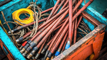 A vibrant collection of fishing equipment, including colorful rods and ropes, stored in a rustic wooden box on a boat, showcasing the essence of marine life.の素材