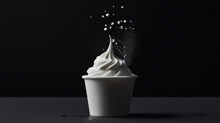 A delightful image of a soft serve ice cream swirl in a white cup, set against a striking black background, showcasing the creamy, indulgent texture and sweetness.の素材