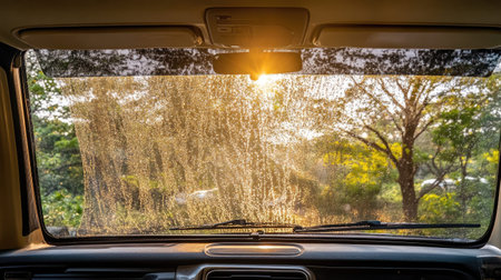 A captivating view of a foggy windshield reflecting the warm sun at dawn, surrounded by lush trees and a serene natural setting. Perfect for travel themes.の素材