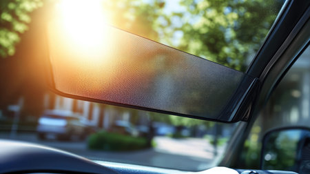 A captivating view from inside a car showcasing sunlight streaming through the rearview mirror, illuminating the urban street and greenery outside.の素材