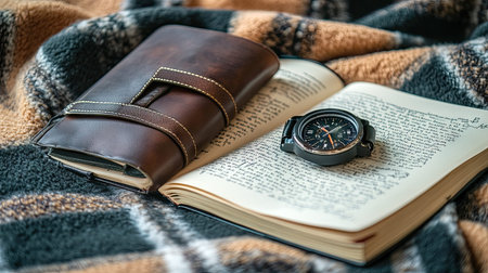A stunning flatlay featuring an elegant leather notebook and a vintage style watch resting on a cozy, textured blanket, perfect for inspiration and creativity.の素材