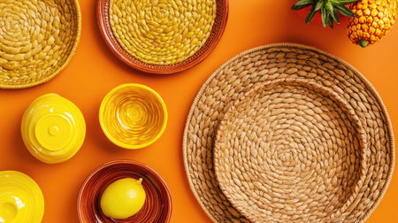 A visually stunning display of woven baskets and colorful tableware featuring yellow and orange tones against a vibrant background. Ideal for home decor inspiration.の素材
