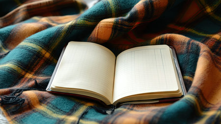 An inviting scene featuring a cozy open journal resting on a warm flannel blanket. Perfect for capturing thoughts, ideas, or sketches in a serene setting.の素材