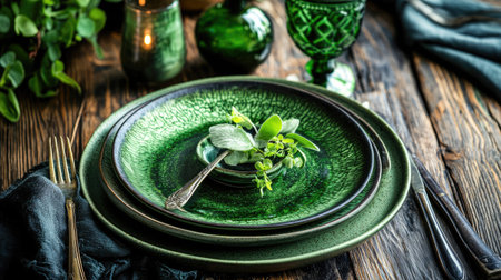 This striking image showcases an elegant green table setting featuring unique plates, glassware, and silverware, complemented by fresh greenery on a rustic wooden table. Perfect for showcasing beautiful dining experiences.の素材