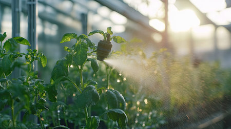 A serene scene showcasing fresh basil plants being watered in a greenhouse, illuminated by warm sunlight filtering through the glass, emphasizing a vibrant agricultural environment.の素材