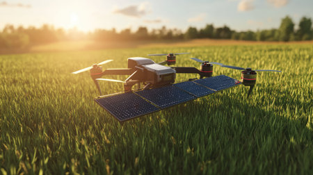 This image showcases an advanced solar-powered drone resting on vibrant green grass, illuminated by a stunning sunset. The combination of technology and nature embodies innovation.の素材