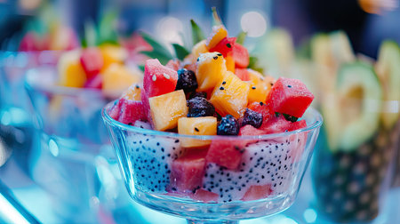 A vibrant and refreshing fruit salad served in a glass bowl, showcasing assorted fresh fruits like watermelon, mango, and blueberries against a stunning blue backdrop.の素材