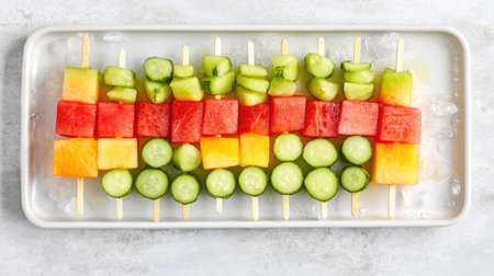 A vibrant display of fresh fruit skewers arranged on a white tray filled with ice, perfect for summer gatherings and healthy desserts. Enjoy the colorful combination!の素材