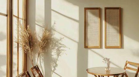 A tranquil interior scene featuring a sunlit living space with elegant minimalist decor, natural elements, and a cozy atmosphere perfect for relaxation.の素材