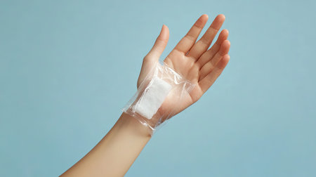 A serene image of a hand holding a packaged moisturizing gel against a clear background, symbolizing beauty, skincare, and self-care practices.の素材