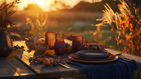 A beautifully arranged outdoor dining setup captures the essence of a serene sunset. With elegant tableware, fruits, and natural decor, this scene invites relaxation and joy in nature.の素材