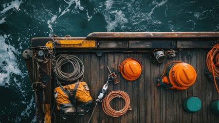 This image captures an aerial view of a fishing boat deck showcasing essential maritime equipment, safety gear, and ocean waves. Perfect for marine-themed projects.の素材