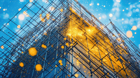 A stunning construction scene featuring a scaffolding structure illuminated by bright sparks against a vivid blue sky, capturing the essence of modern development.の素材