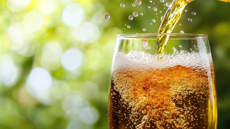 A close-up view of a shiny glass filled with a carbonated beverage as it is being poured, capturing vibrant bubbles against a soft nature backdrop.の素材