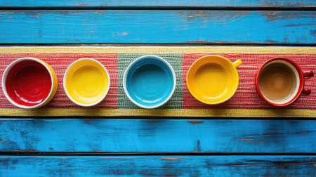 This vibrant arrangement of ceramic cups and bowls showcases a variety of colors on a decorative mat, set against a vivid blue wooden surface.の素材