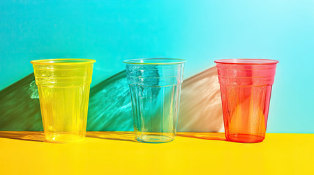 Brightly colored plastic cups in yellow, blue, and red create an eye-catching display against a vibrant background, ideal for festive events or creative projects.の素材