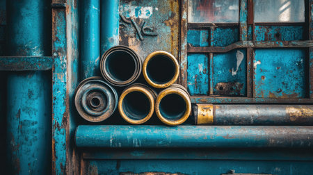 A detailed view of stacked industrial pipes showcasing rich textures and a vibrant blue backdrop. This composition highlights the beauty in rust and wear.の素材