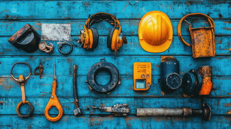 A vivid collection of industrial tools and safety equipment displayed on a blue wooden background, showcasing essential items for construction and maintenance tasks.の素材