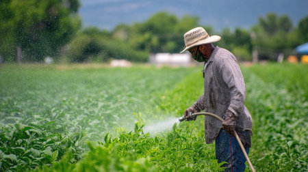 A dedicated farmer uses a hose to irrigate crops in a lush green field. The image captures the essence of rural life and the importance of agriculture.の素材
