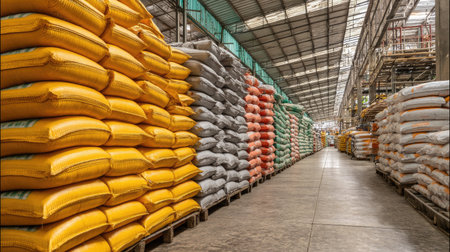 Colorful sacks stored in a spacious warehouse showcase the organization of agricultural products, highlighting efficient inventory management for industry.の素材