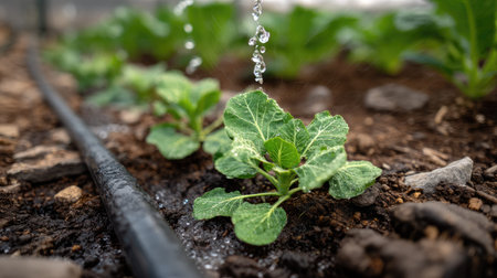 Close-up of young green plant receiving water from drip irrigation, showcasing the importance of moisture in nurturing soil and promoting healthy growth.の素材