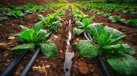 A flourishing vegetable farm showcasing vibrant green crops in neat rows, showcasing sustainable agriculture and modern irrigation practices in a rural landscape.の素材