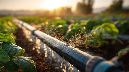 A close-up view of a watering system in an agricultural field, highlighting water droplets spraying onto vibrant green plants at sunrise.の素材