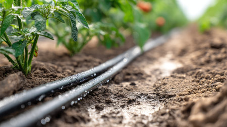 Close-up view of irrigation lines in a fertile farm field showcasing the connection between technology and agricultural growth, emphasizing water management for crops.の素材