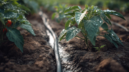 A close-up view of young plants with water droplets on the leaves, illustrating a healthy growth environment in a cultivated field. The irrigation system supports sustainable farming practices.の素材