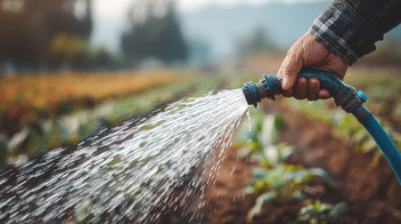 A close-up of a hand holding a garden hose, watering vibrant plants in a field. This captures the essence of gardening and nurturing growth in nature.の素材