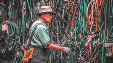 An elderly worker carefully arranges and sorts various cables in a workshop, showcasing dedication and craftsmanship in a busy industrial environment.の素材