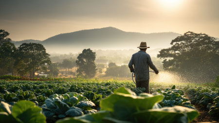 A farmer sprays crops in a lush green field during sunset, with distant mountains creating a serene agricultural landscape. The scene captures rural life and farming techniques.の素材