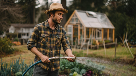 A man watering his garden with a hose, surrounded by vibrant plants and greenery. This scene captures the essence of outdoor gardening and sustainable living.の素材