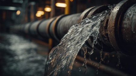 Water flows from a large industrial pipe, creating droplets and splashes. The dark environment highlights the powerful motion of the liquid in an engineering setting.の素材